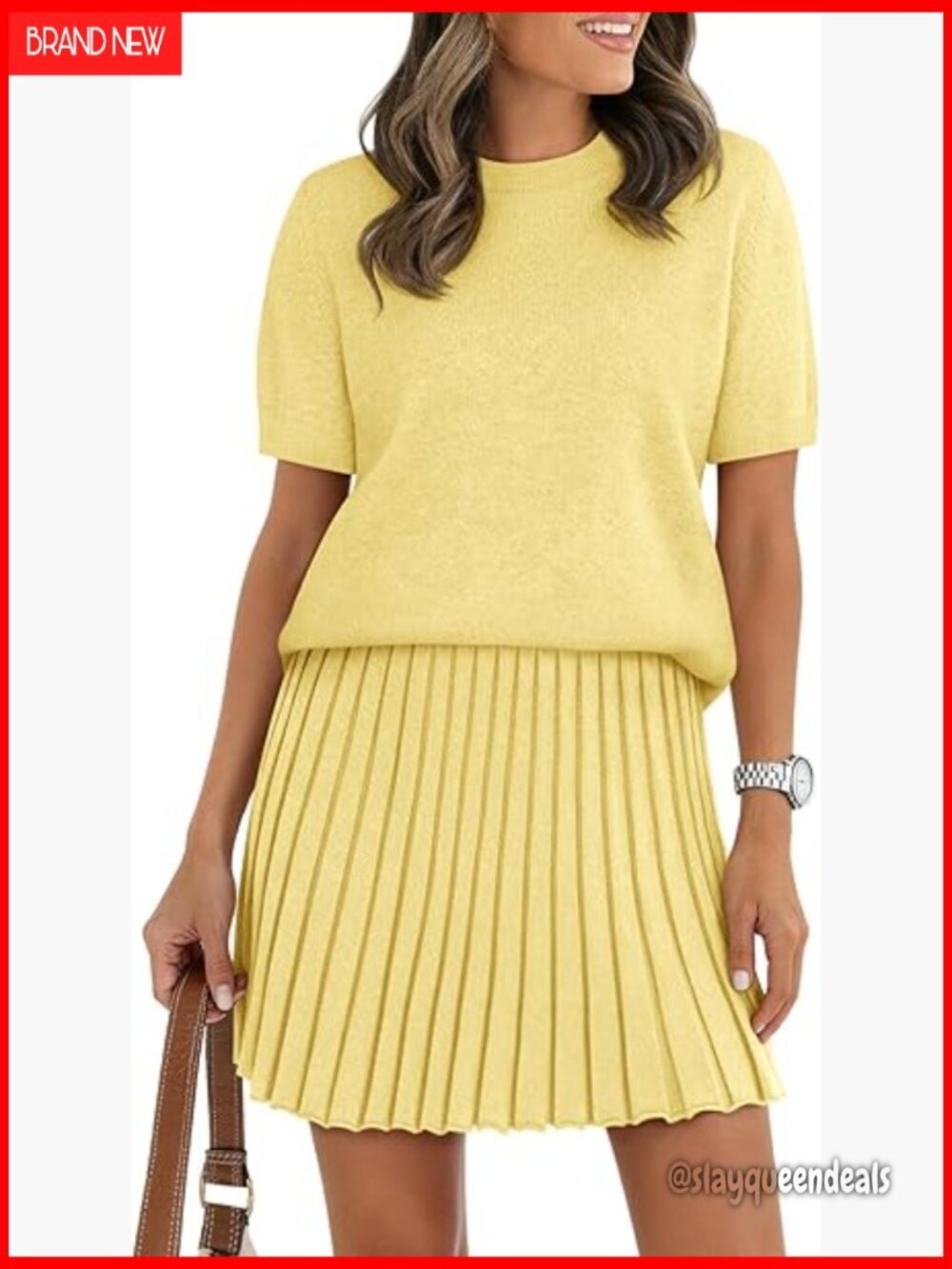 Women's 2-Piece Skirt Set, Short Sleeve Sweater & Pleated Mini Skirt